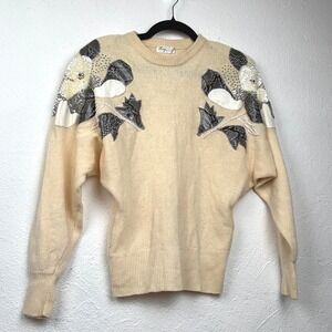 King Cream Beaded Sweater - M - Vintage Lambswool Snakeskin Sequin #Vintage #80s